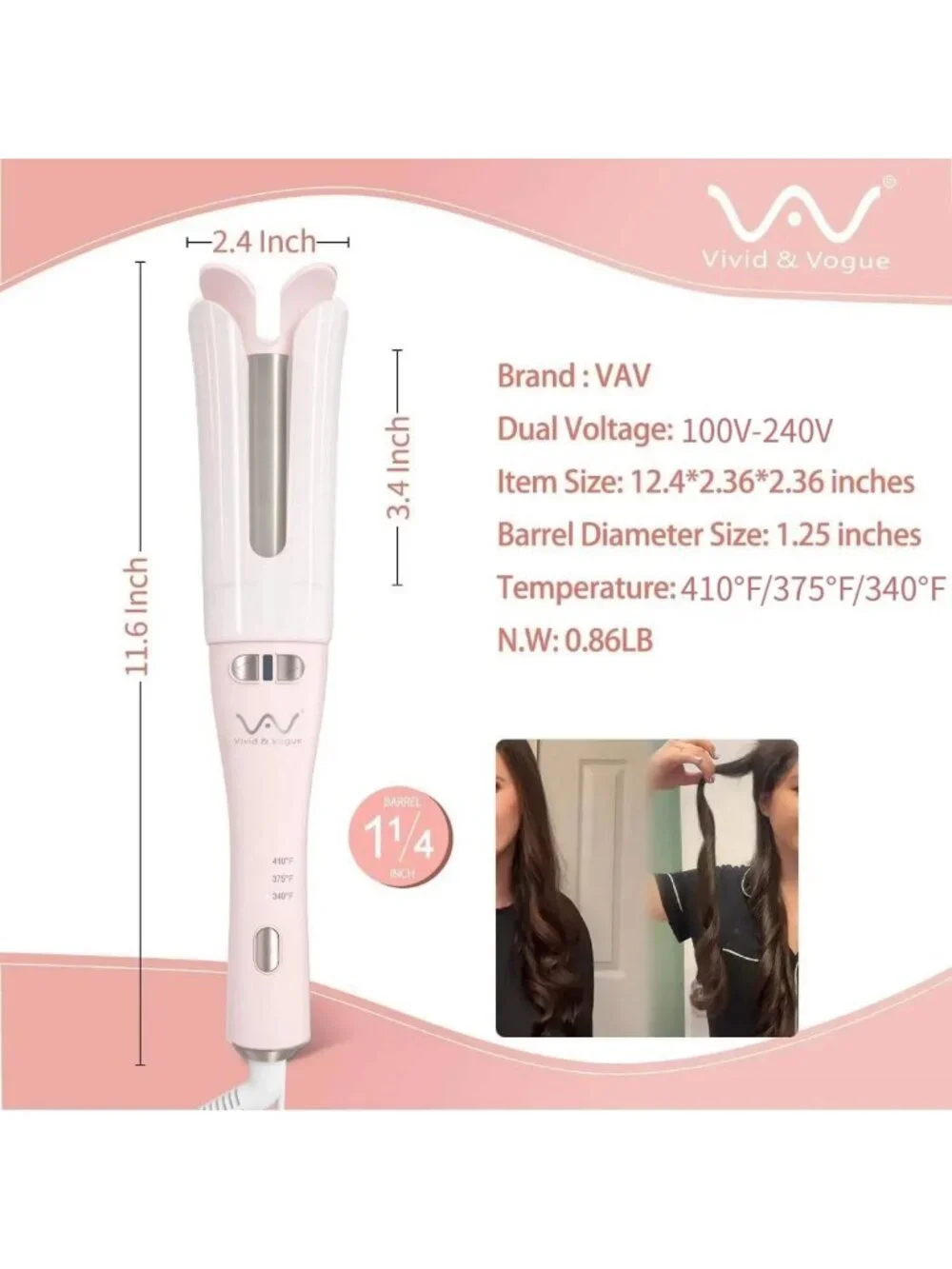 Automatic Curling Iron 1.25” Rotating Curler for Long Hair, Dual Voltage, 3 Heat